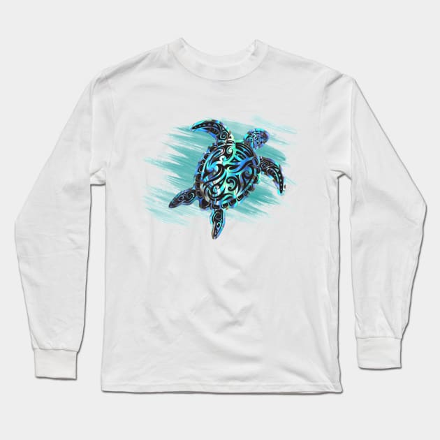 Turtle  with paua shell background in water Long Sleeve T-Shirt by pickledpossums